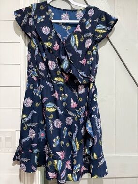 Floral Ruffle Wrap Midi Dress - Navy Pink Green